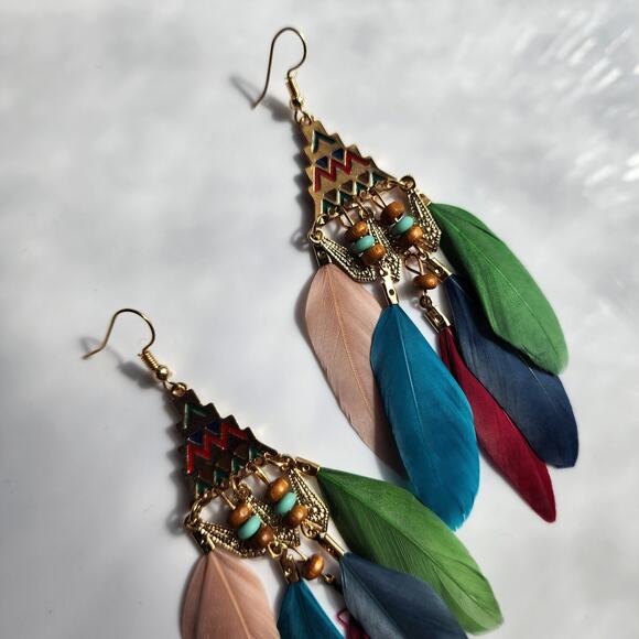 Multicolor Boho Feather Aztec Pyramid Earrings - Picture 1 of 4